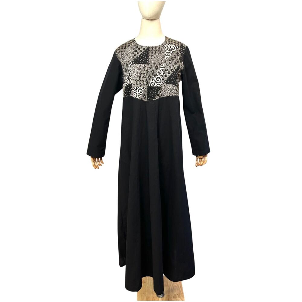 Vintage 90s J. Peterman Co. Black Patchwork Silk Bodice Cotton Maxi Dress